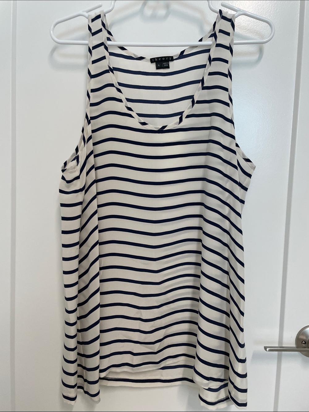 Theory White Tank Top with Navy Stripes